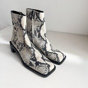 Zara Womens Snakeskin Print Leather Cream Black Square Toe Boots 39 NEW